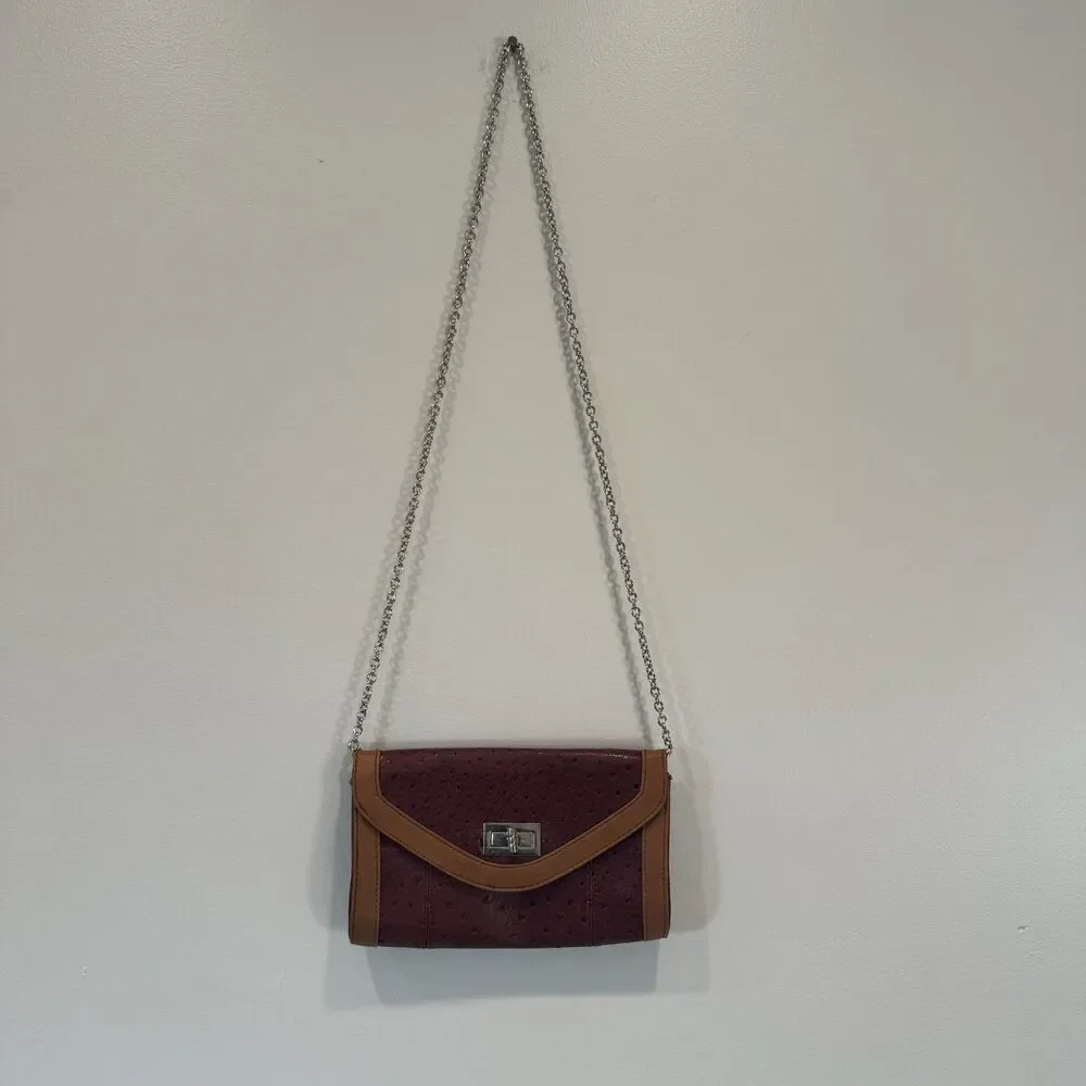 Apt. 9 Clutch Ostrich Embossed Burgundy Tan Vegan Leather Silver Chain Bag Y2K